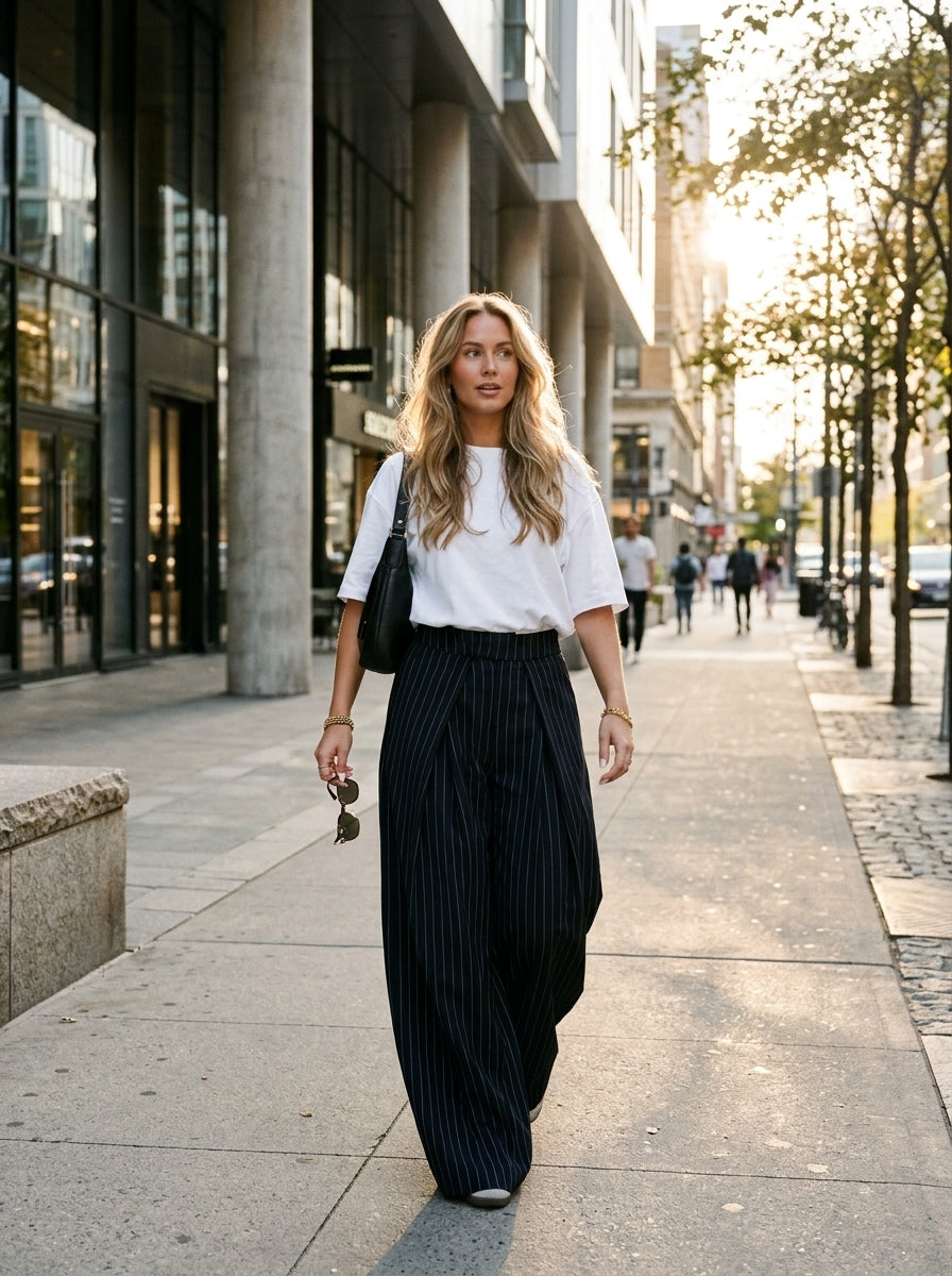 Woman wearing navy pinstripe wide leg pants that lengthen the leg