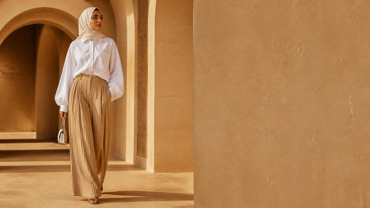 Woman in camel pleated wide-leg trousers walking through a sunlit courtyard
