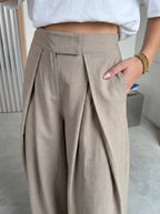 Beige wide leg pants, close-up of the front pleats