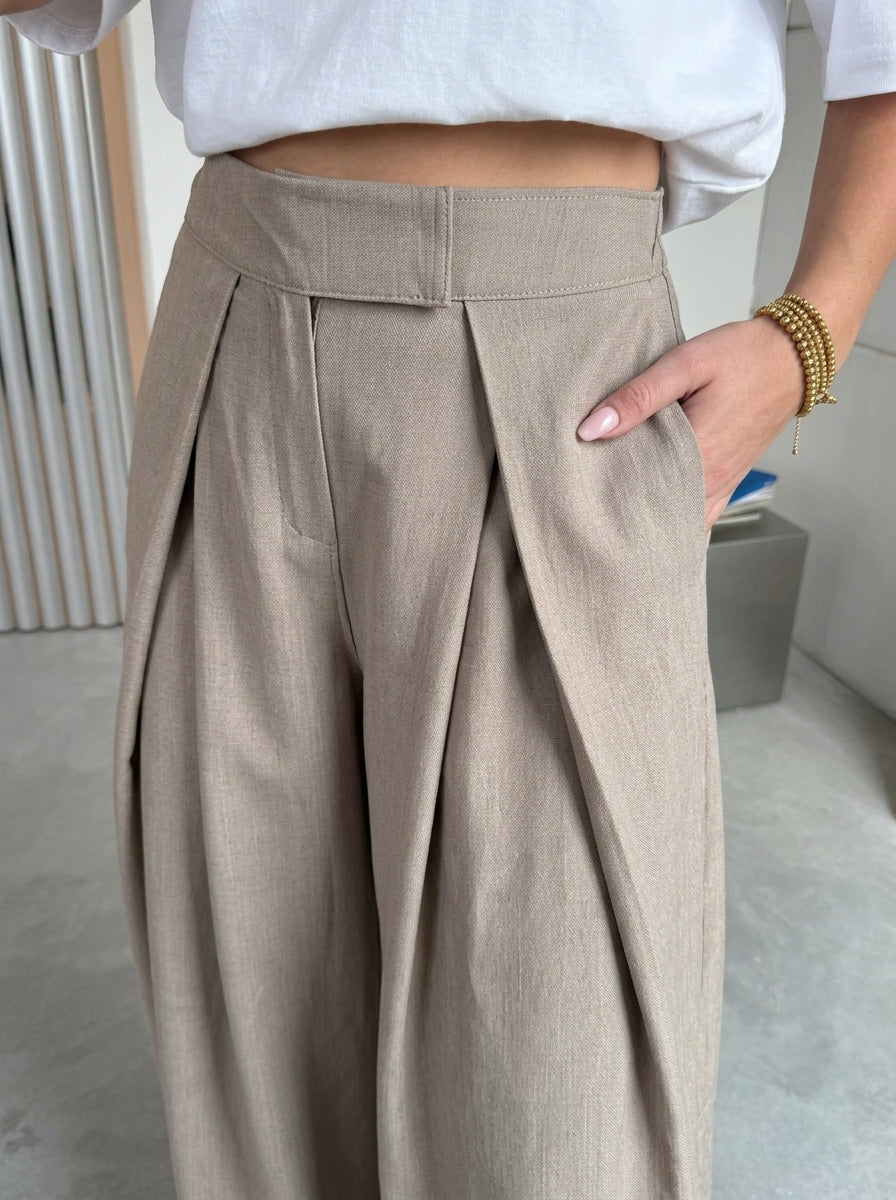 Beige wide leg pants, close-up of the front pleats