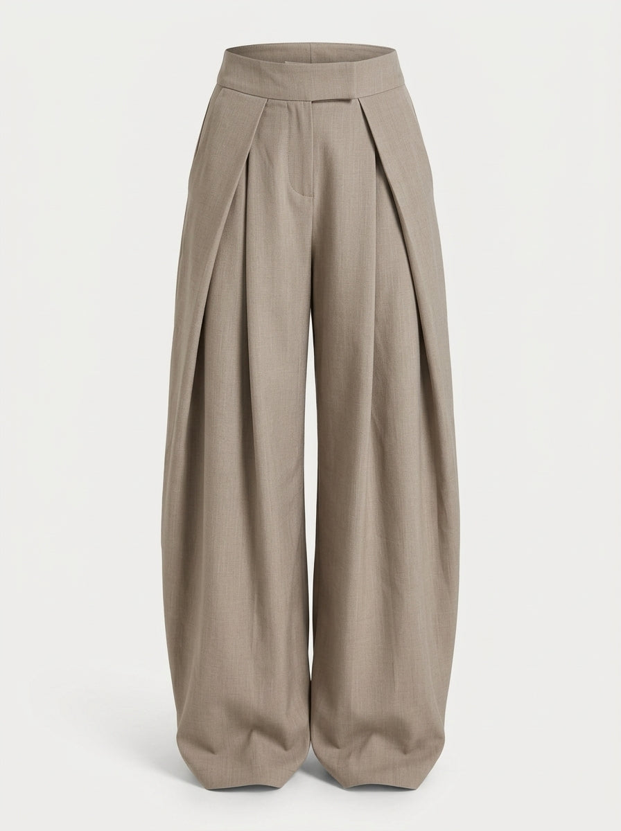 Beige pleated wide leg pants for women, front view