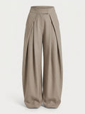 Beige pleated wide leg pants for women, front view