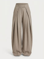 Beige pleated wide leg pants for women, front view