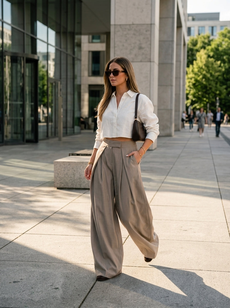Beige wide leg pants worn by a model on the street