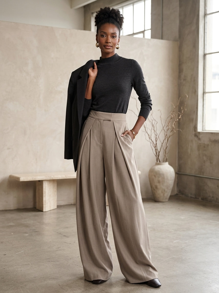 Beige wide leg pants worn by a model in the studio
