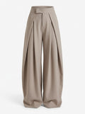 Beige pinstripe wide leg pants for women, front view