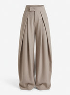 Beige pinstripe wide leg pants for women, front view