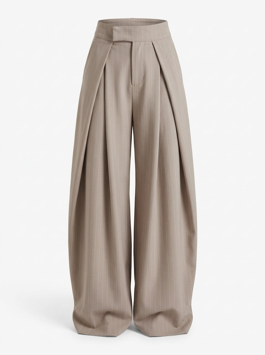Beige pinstripe wide leg pants for women, front view