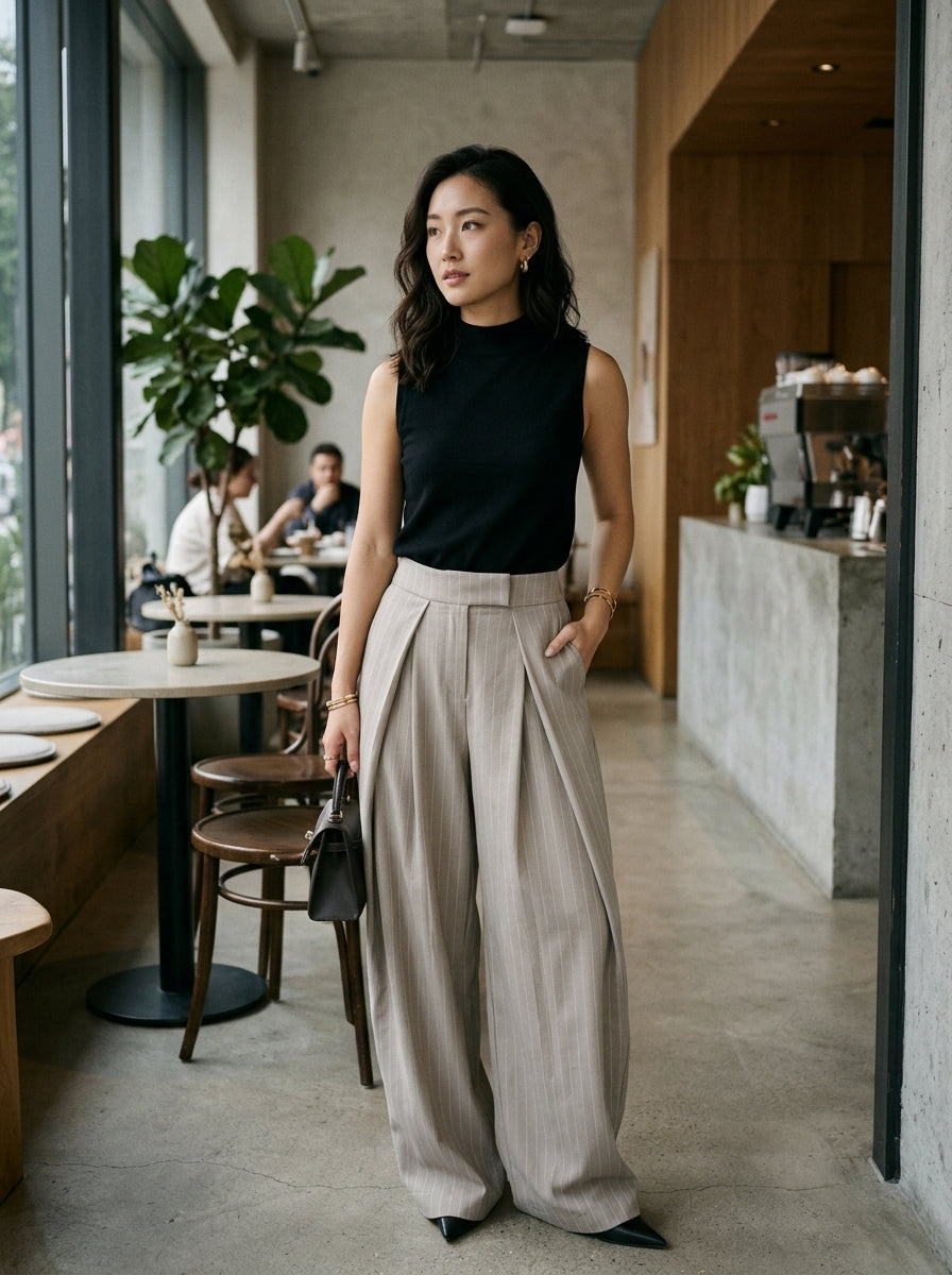 Beige pinstripe wide leg pants worn by a model in a cafe