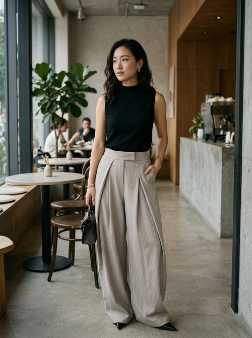 Pleated wide-leg trousers in pinstripe beige, worn by a model in a cafe