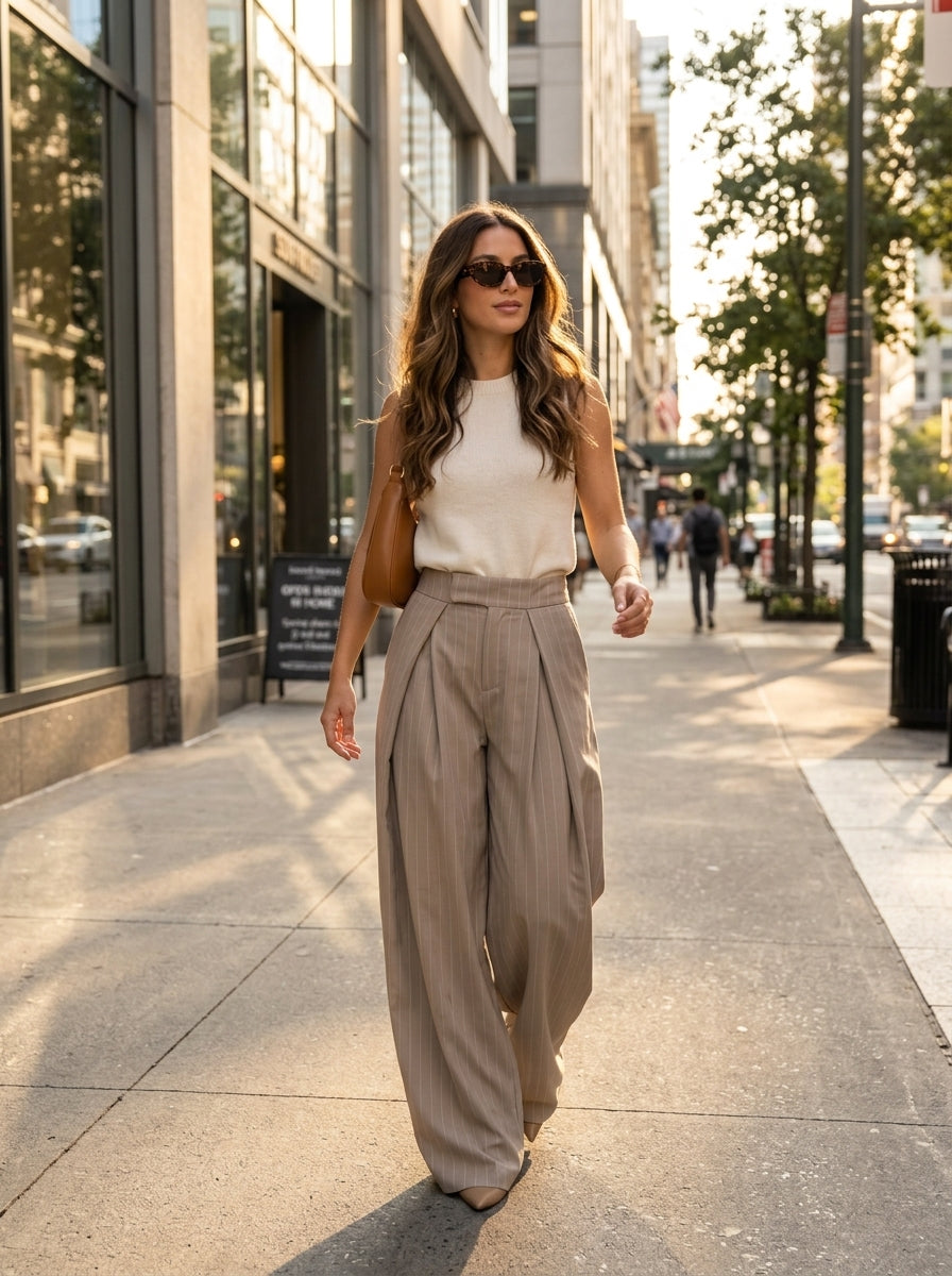 Beige pinstripe wide leg pants worn by a model on the street