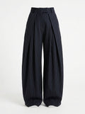 Navy pinstripe wide leg pants for women, front view