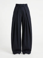 Navy pinstripe wide leg pants for women, front view