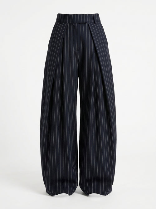 Pleated wide-leg trousers in pinstripe blue, front view