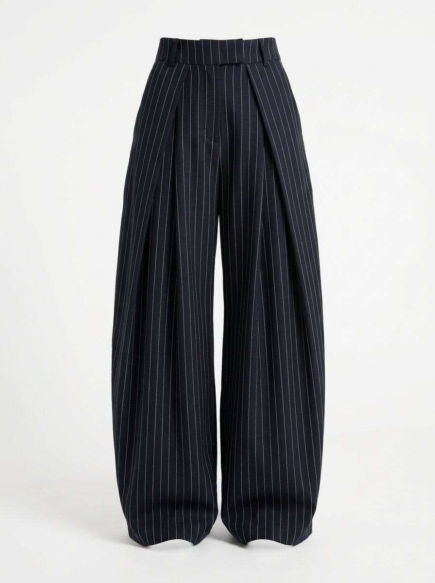 Pleated Wide-Leg Trousers – Pinstripe Blue