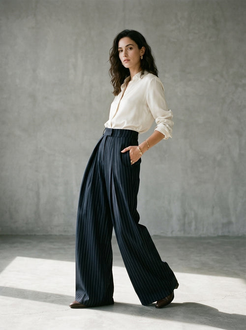 Pleated wide-leg trousers in pinstripe blue, worn by a model in the studio