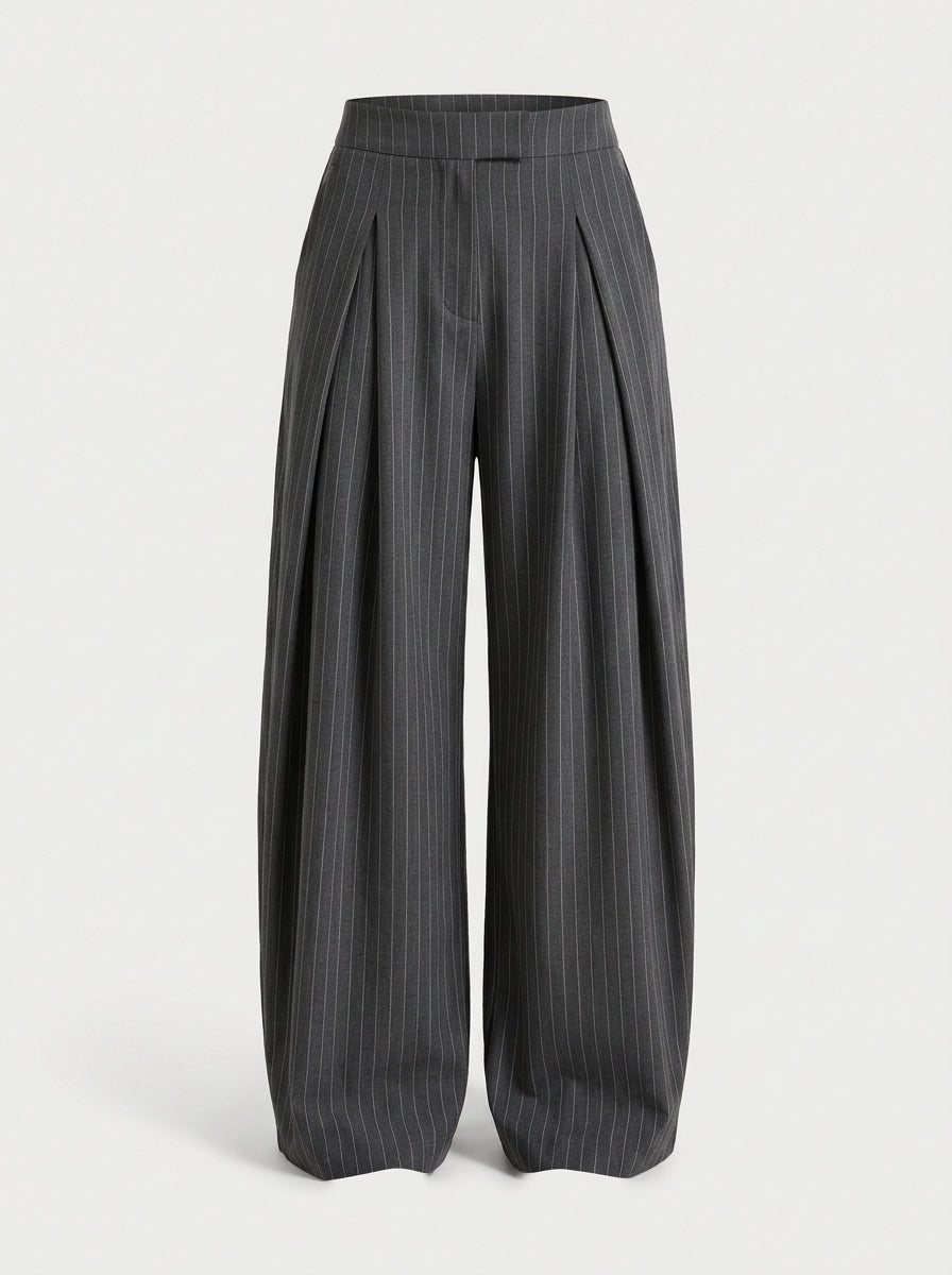 Pleated wide-leg trousers in pinstripe grey, front view