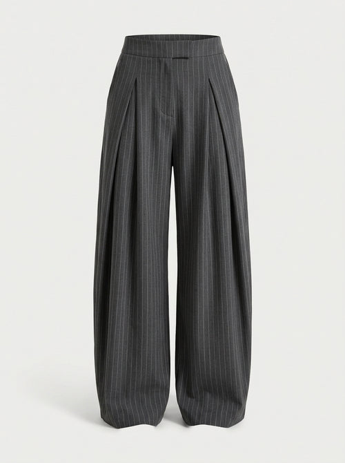 Pleated wide-leg trousers in pinstripe grey, front view