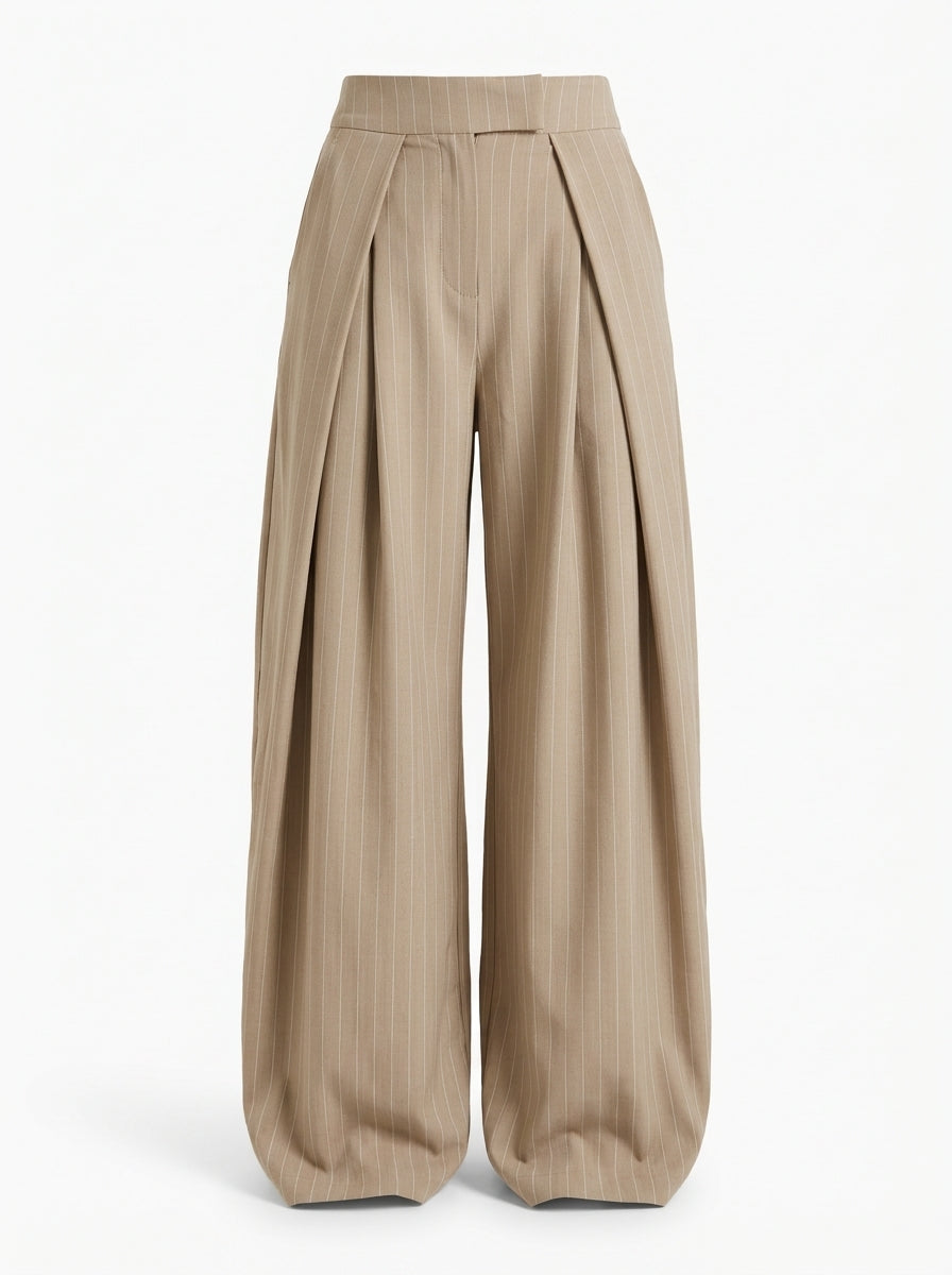 Pleated wide-leg trousers in pinstripe taupe, front view