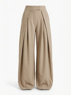 Pleated wide-leg trousers in pinstripe taupe, front view