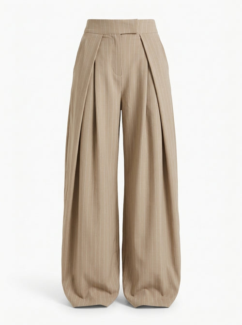 Pleated wide-leg trousers in pinstripe taupe, front view