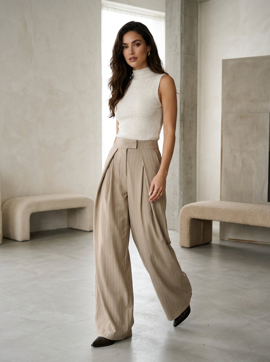 Pleated wide-leg trousers in pinstripe taupe, worn by a model in the studio
