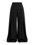 Pleated wide-leg trousers in plain black, front view