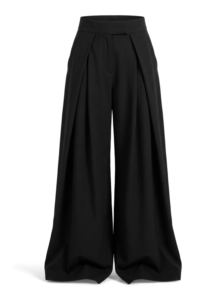 Pleated Wide-Leg Trousers – Plain Black