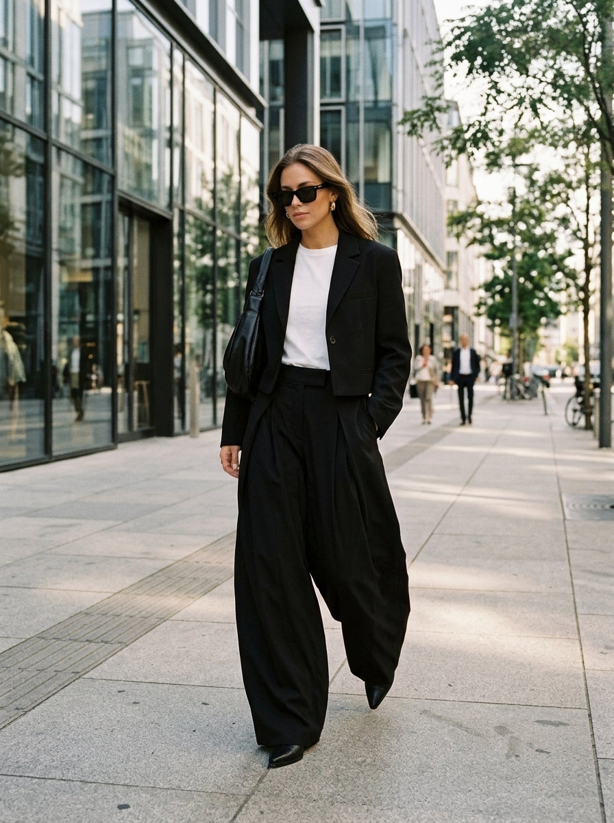 Pleated wide-leg trousers in plain black, worn by a model on the street
