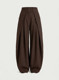 Brown pleated wide leg pants for women, front view