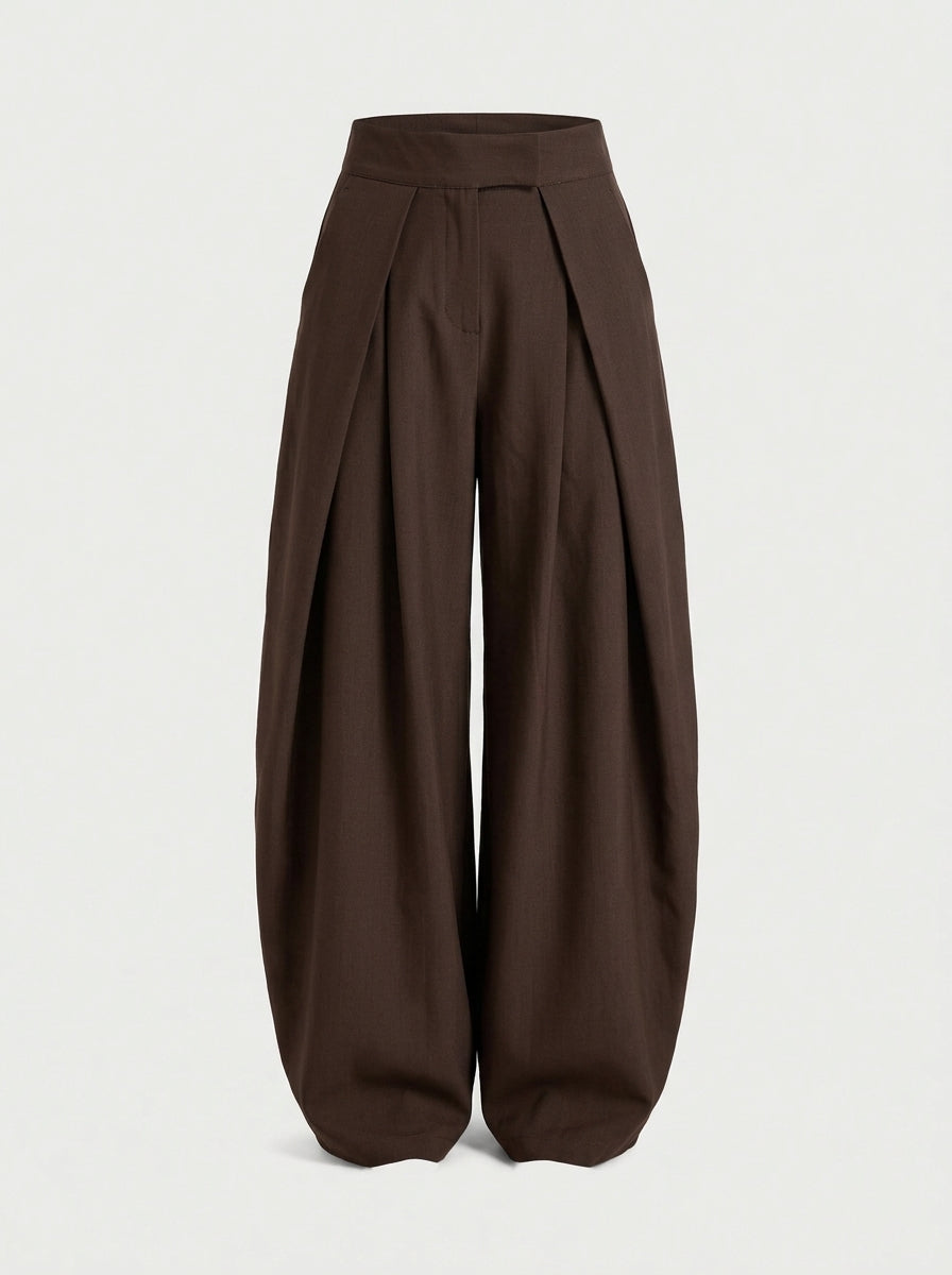 Pleated Wide-Leg Trousers – Plain Brown