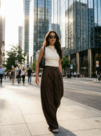 Brown wide leg pants worn by a model on the street