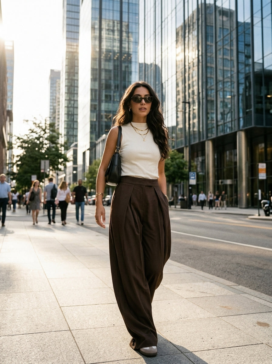 Brown wide leg pants worn by a model on the street