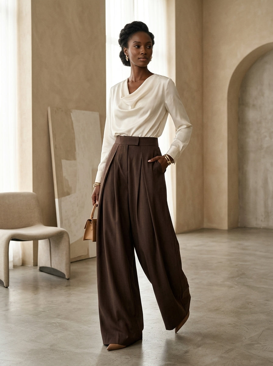 Brown wide leg pants worn by a model in the studio