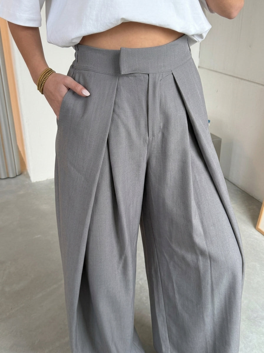 Grey wide leg pants, close-up of the front pleats