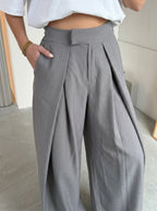 Grey wide leg pants, close-up of the front pleats