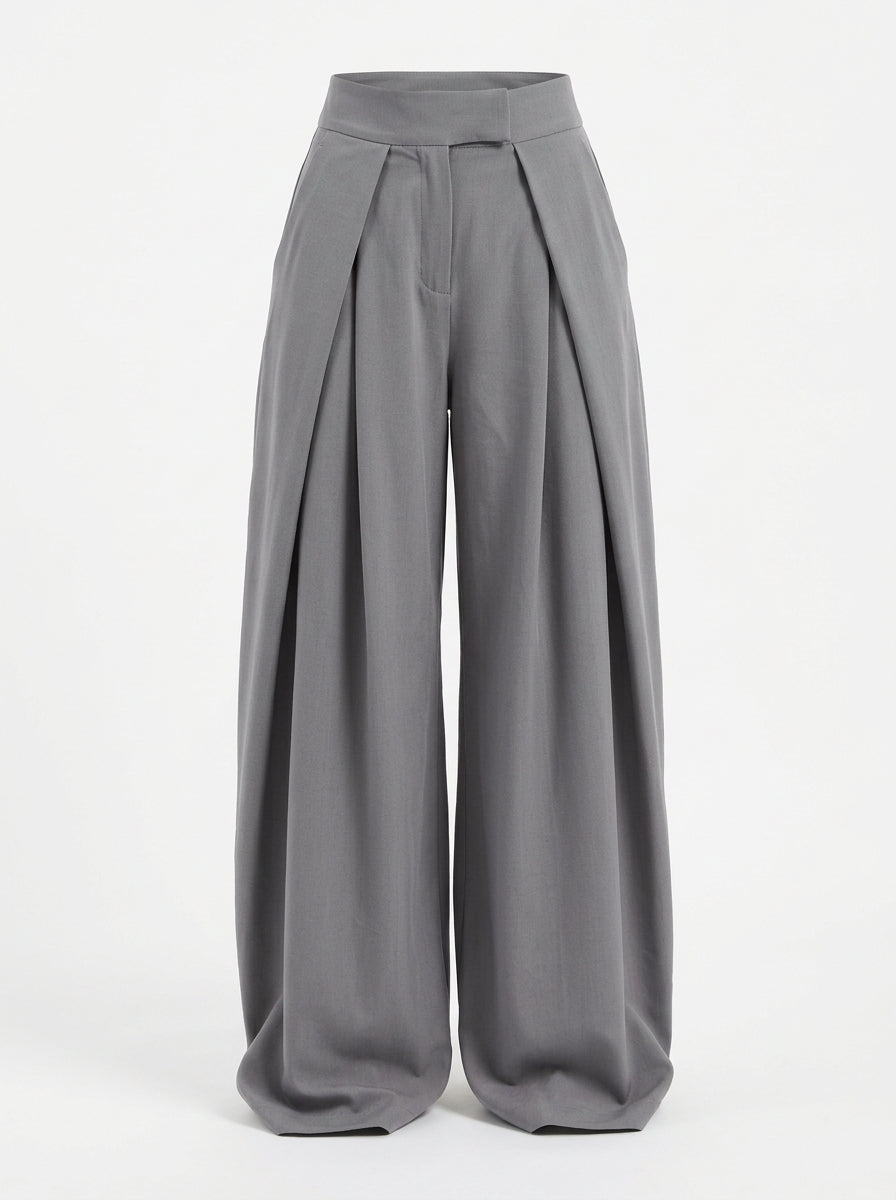Grey pleated wide leg pants for women, front view