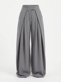 Grey pleated wide leg pants for women, front view