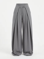 Grey pleated wide leg pants for women, front view