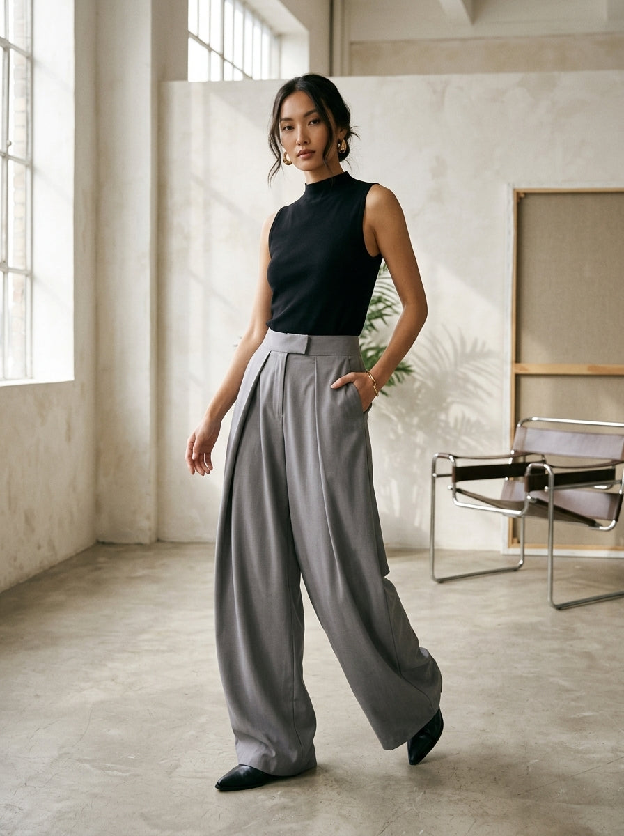 Grey wide leg pants worn by a model in the studio