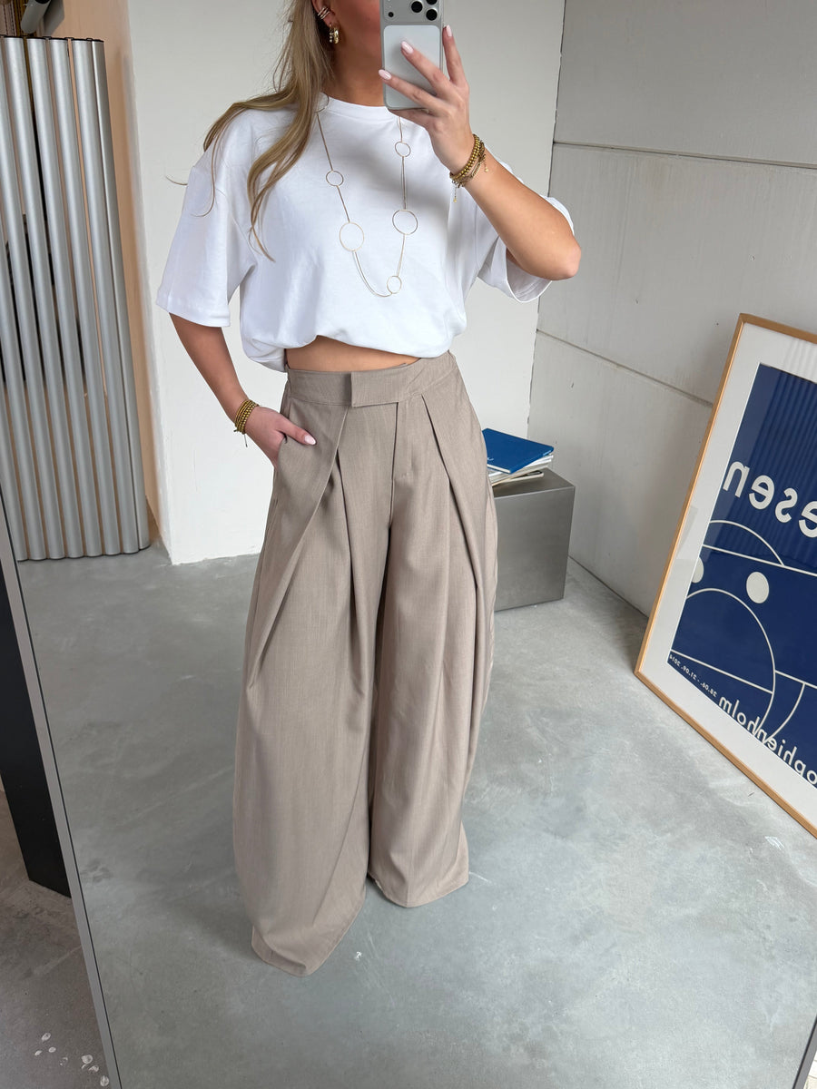 Pleated Wide-Leg Trousers – Plain Beige